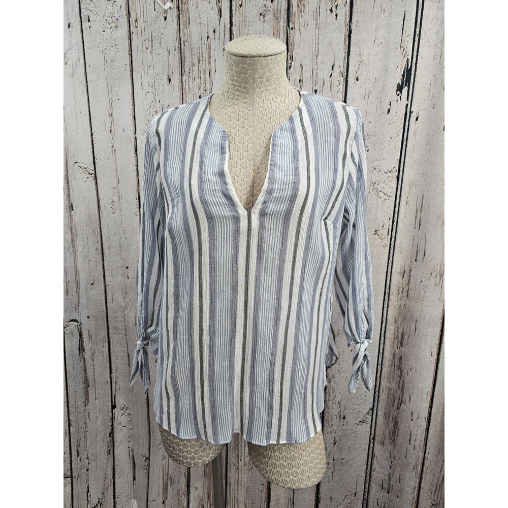 Michael Kors XS Blue White Stripe Blouse Cotton Metallic Tie‎ Sleeve Top Beachy